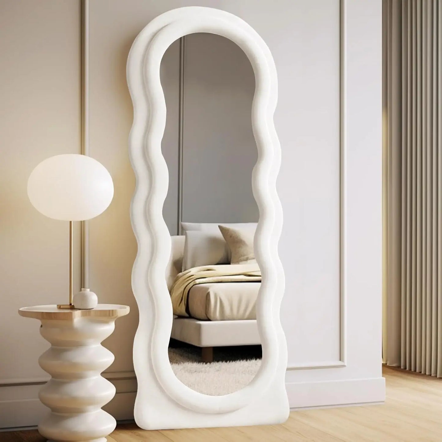 Full Length Mirror 63"x24" Arched Wavy Full Body Wall Mounted Floor Mirror with Stand Milk Tea Flannel Frame Leaning Hanging