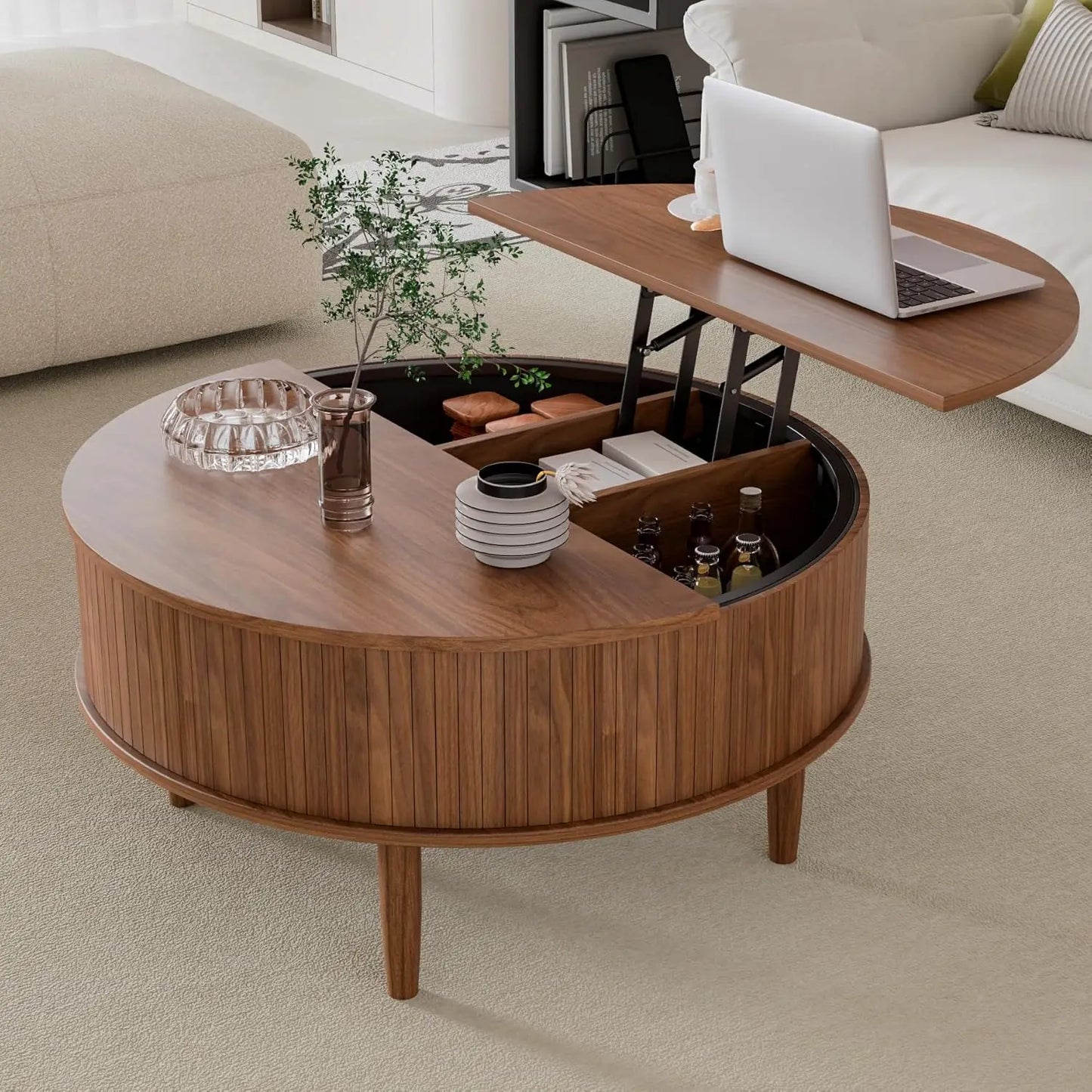 Round Fluted Lift Top Coffee Table with Storage, Mid Century Modern Coffee Table for Living Room, Home Small Space (Multiple colors)