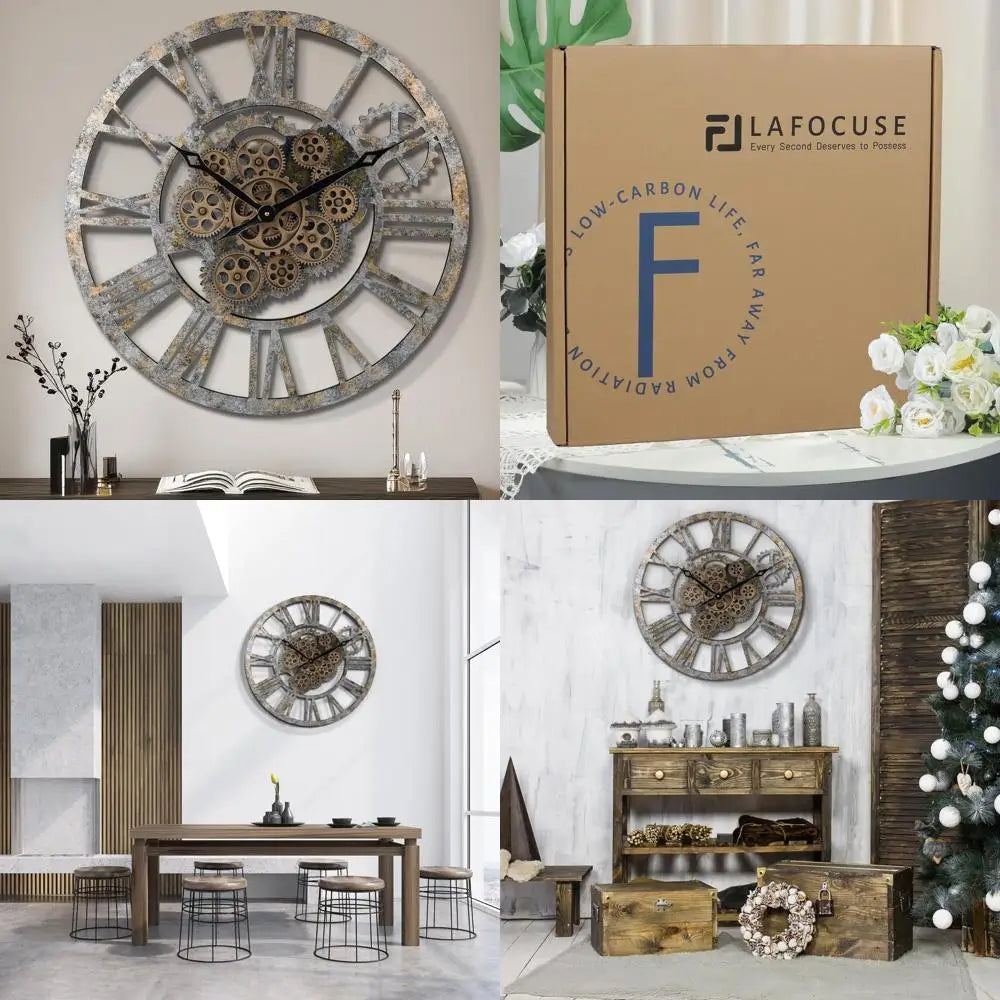 23 Inch Real Moving Gear Wall Clock, Steampunk Wooden Large Wall Clock for Living Room Decor, Farmhouse
