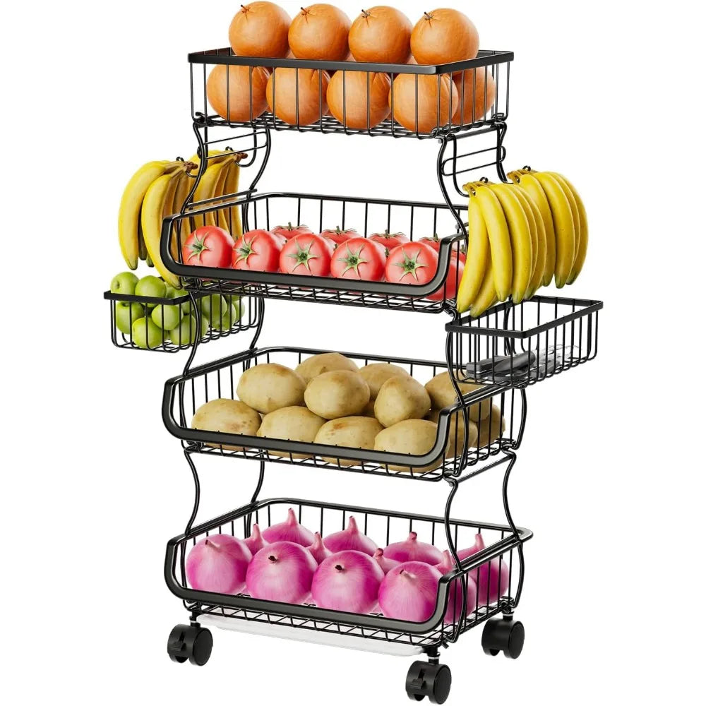 4 Tier Rolling Cart, Stackable Fruit Vegetable Basket with Wheels and 2 Hanging Basket, Kitchen Storage Metal Wire Basket Stand