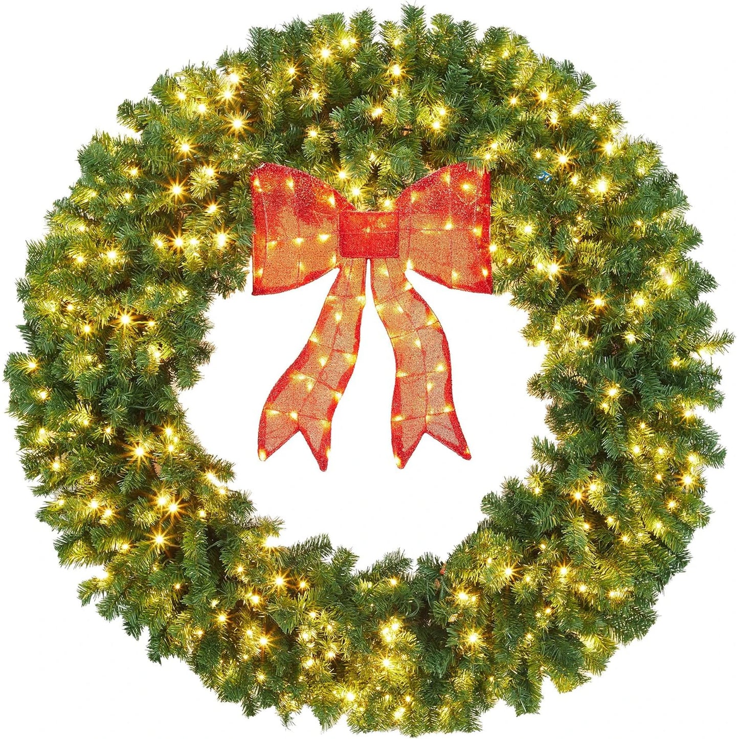 Artificial Christmas Wreath with Bow, Pre-Lit Winter Wreath with LED Light, Indoor Outdoor Holiday Xmas Decorations