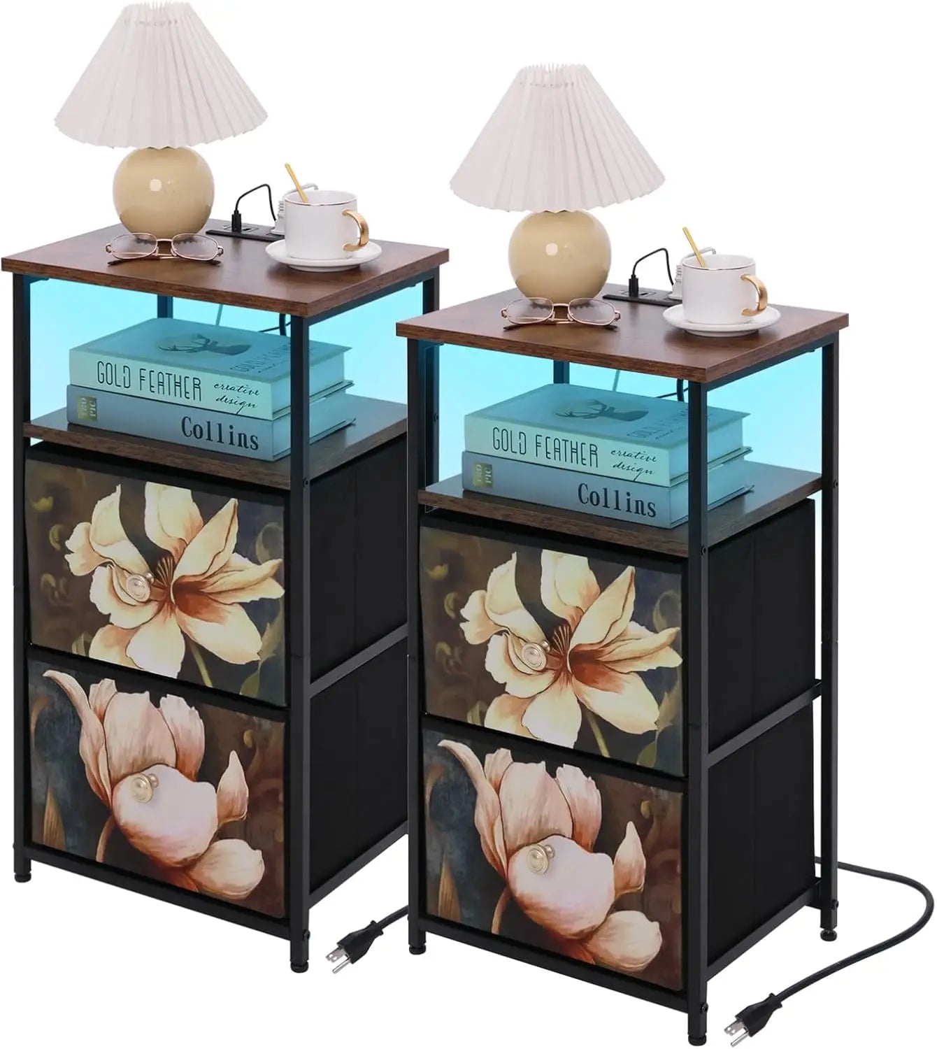 nightstand Set of 2 with Charging Station, LED Bedside Table w/USB Ports & Outlets,End Table w/2 Fabric Drawers and Open Shelf