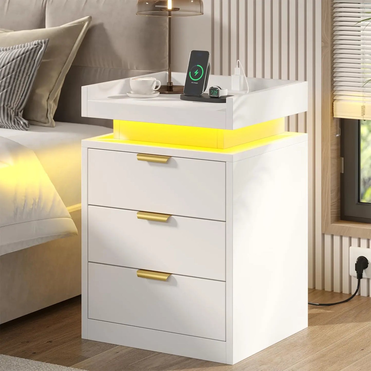 LED End Tables, Set of 2 with Charging Station USB Ports, 3-Drawer Bedside Table with Adjustable, Modern Nightstands for Bedroom