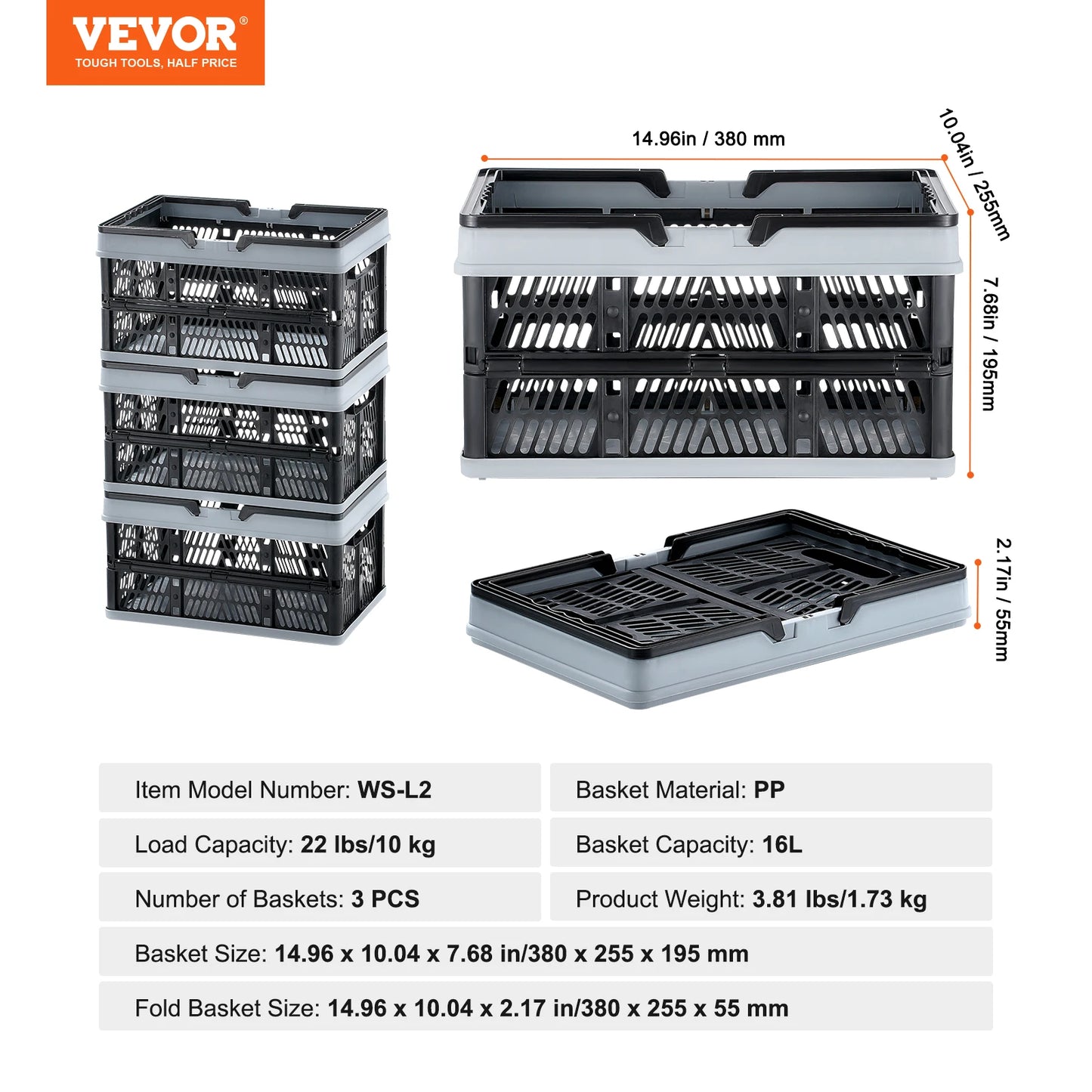 SucceBuy 3pcs Foldable Storage Basket Collapsible Shopping Crate with Handle for Kitchen Grocery Room Desktop Organization (2 Sizes)