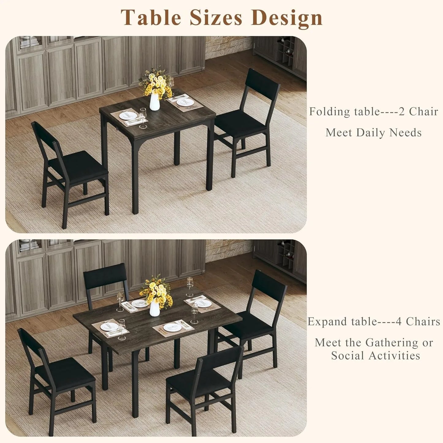 Dining Table Set for 4, Extendable Kitchen Table Cushion Chairs Set of 4, Rectangle Dining Table with Metal Frame & MDF Board