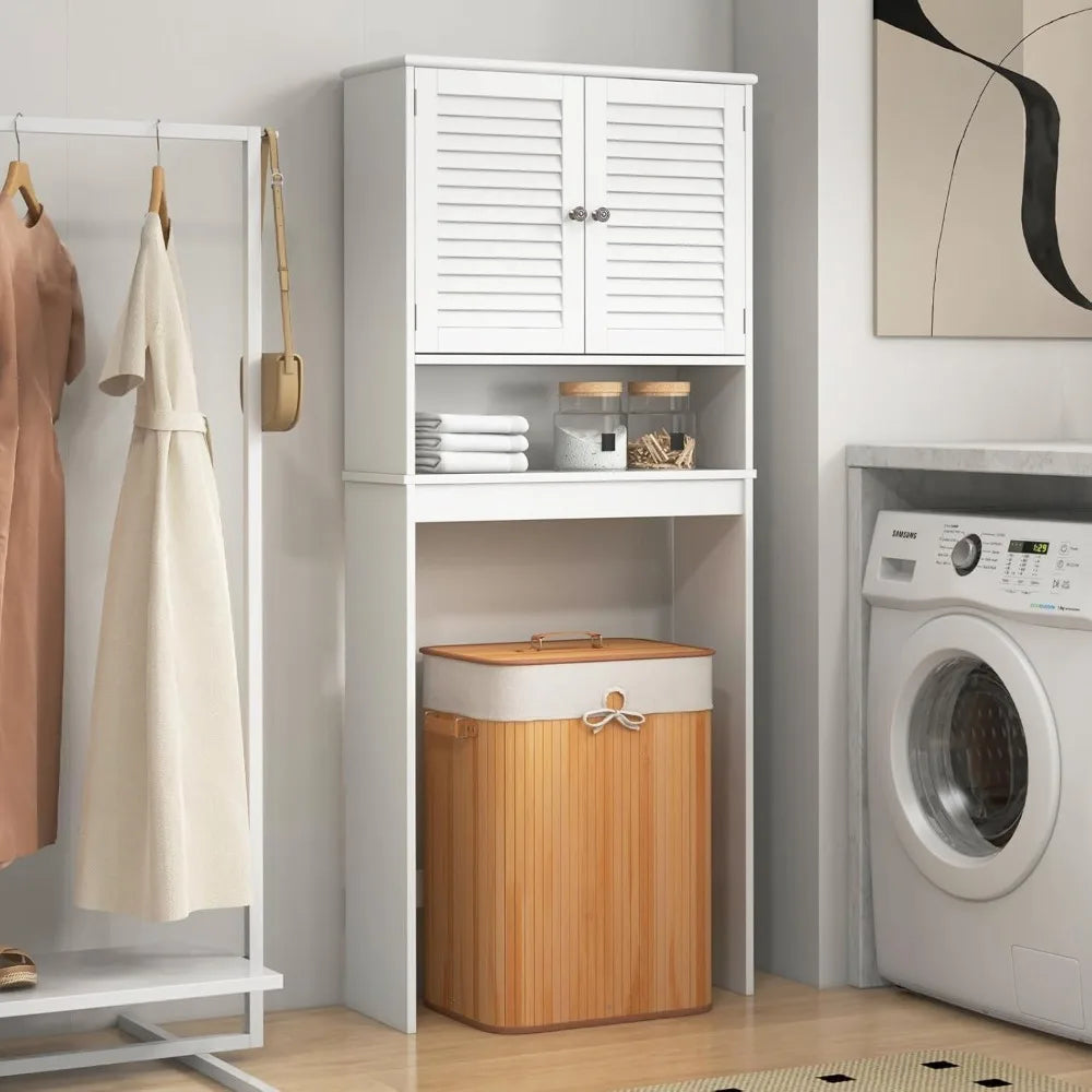 Over The Toilet Storage Cabinet, 3-Tier Over Toilet Bathroom Organizer with 2 Louvered Doors, Adjustable Shelf, Freestanding