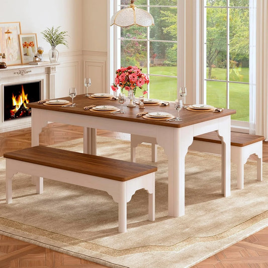 63" Farmhouse Dining Table Set for 4-6, Kitchen Table with 2 Benches, Space Saving 3-Piece Rectangle Wooden Dinette Table