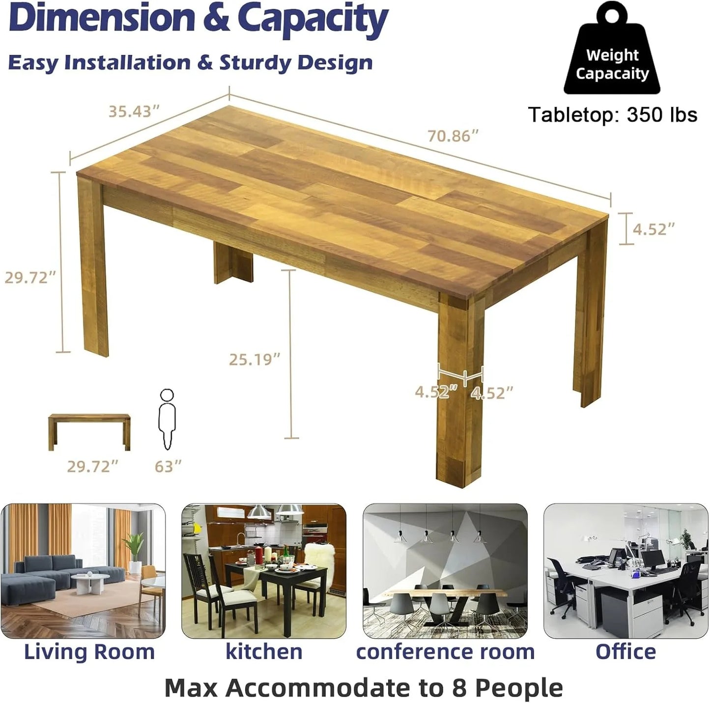71" 6ft Kitchen Dining Room Table for 6/8, Large Farmhouse Dinner Table, Wood Rectangular Long Tables for Big Family