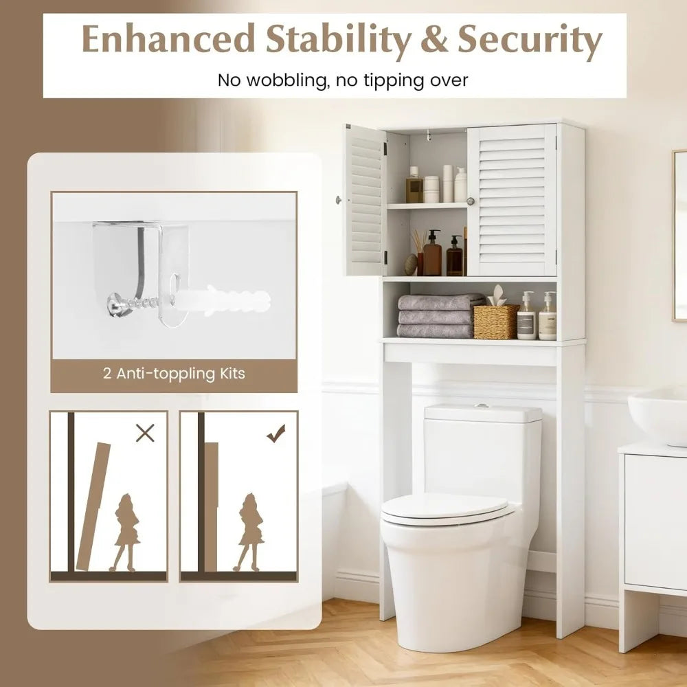 Over The Toilet Storage Cabinet, 3-Tier Over Toilet Bathroom Organizer with 2 Louvered Doors, Adjustable Shelf, Freestanding