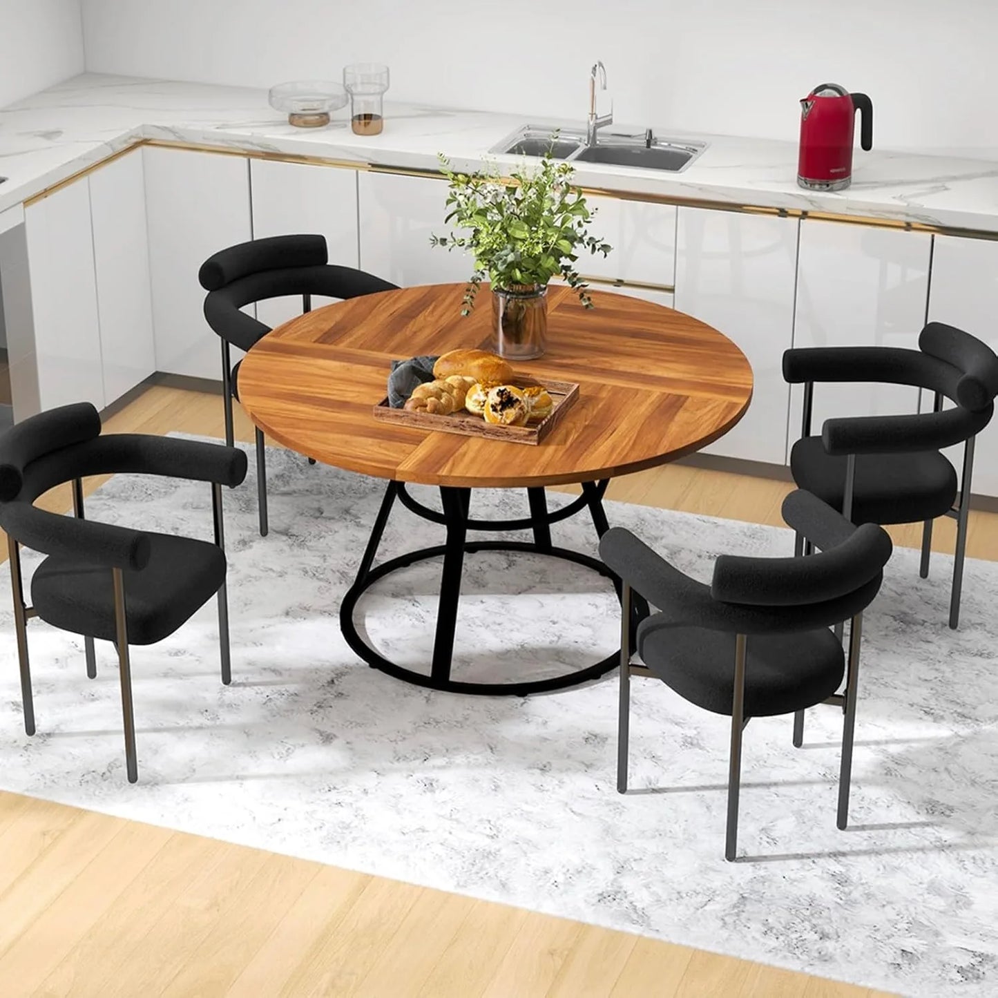47” Round Dinner Table for 4 6, Small Circle Dining Room Table with Metal Legs, Modern Farmhouse Rustic Kitchen Table