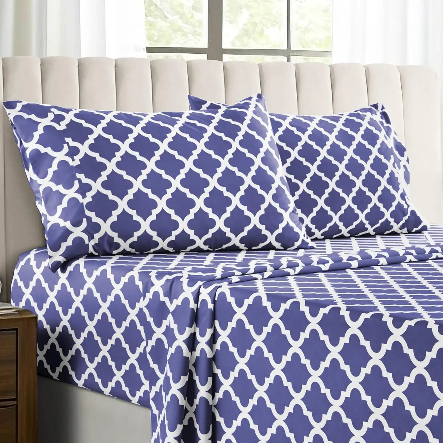 Lux Décor 4Pc Quatrefoil Sheet Set – Soft Microfiber, Wrinkle-Free, Luxurious Printed Bed Sheets
