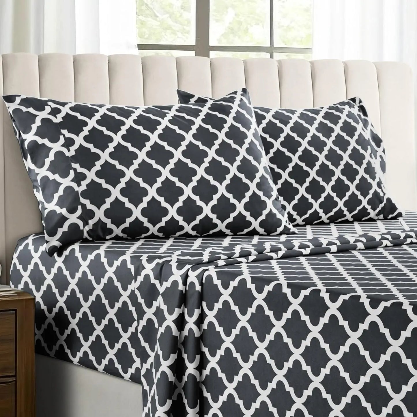 Lux Décor 4Pc Quatrefoil Sheet Set – Soft Microfiber, Wrinkle-Free, Luxurious Printed Bed Sheets