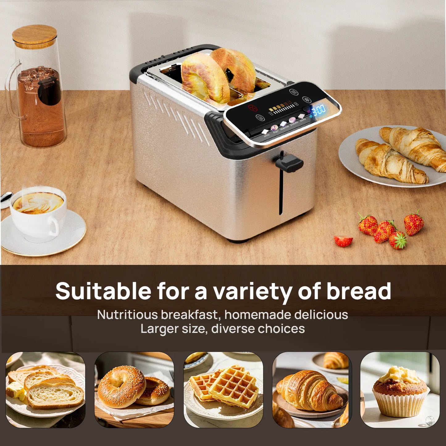 Whall New 2-slice toaster, Smarter Screen And Easier Operation, Full Stainless Steel,5 Basic Functions