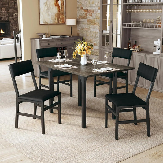 Dining Table Set for 4, Extendable Kitchen Table Cushion Chairs Set of 4, Rectangle Dining Table with Metal Frame & MDF Board