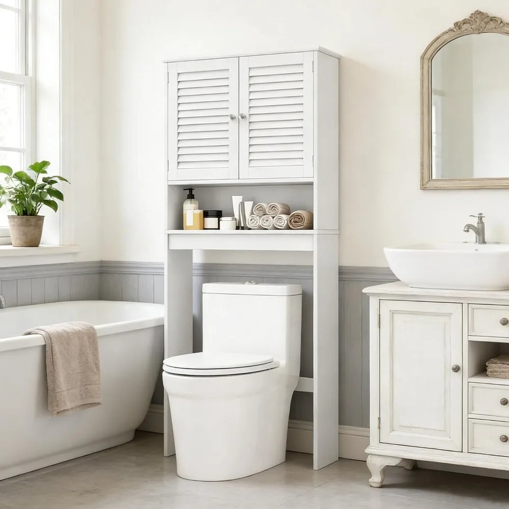 Over The Toilet Storage Cabinet, 3-Tier Over Toilet Bathroom Organizer with 2 Louvered Doors, Adjustable Shelf, Freestanding