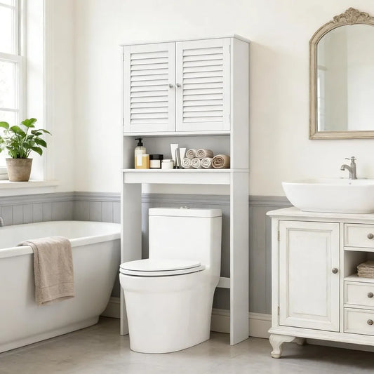 Over The Toilet Storage Cabinet, 3-Tier Over Toilet Bathroom Organizer with 2 Louvered Doors, Adjustable Shelf, Freestanding