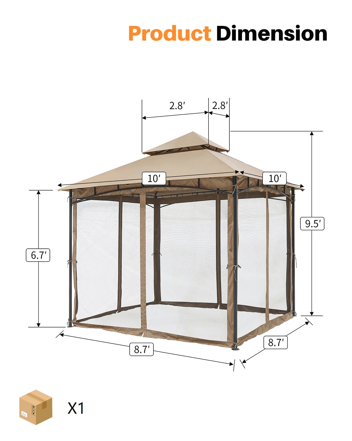 SeeHill 10' x 10' Patio Gazebo with Steel Frame and Double Roof, Outdoor Canopy Tent with Mosquito Netting for Garden or Lawn
