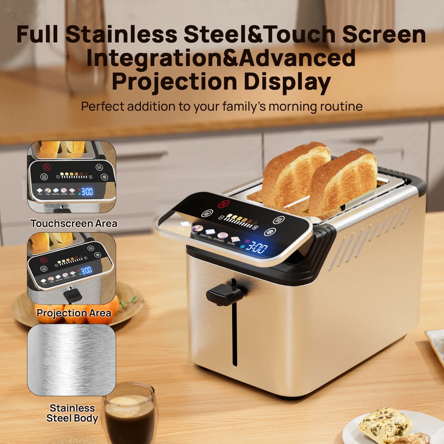 Whall New 2-slice toaster, Smarter Screen And Easier Operation, Full Stainless Steel,5 Basic Functions