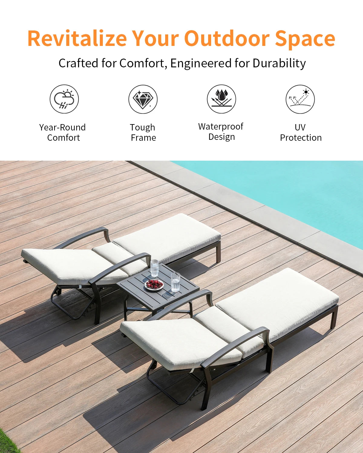 SeeHill 3-Piece Patio Chaise Lounge Set, Aluminum Outdoor Loungers with Cushions and Side Table for Poolside or Backyard