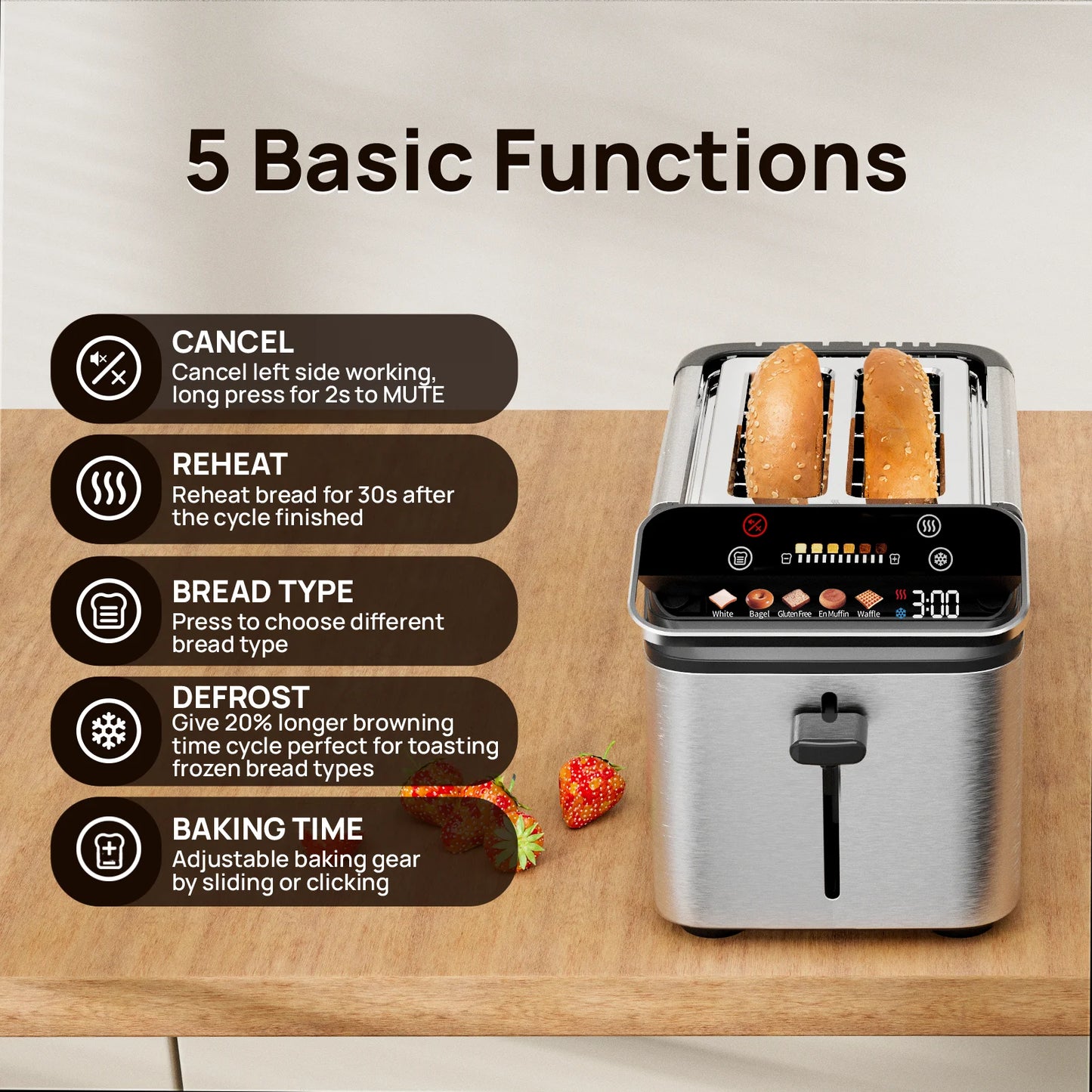 Whall New 2-slice toaster, Smarter Screen And Easier Operation, Full Stainless Steel,5 Basic Functions