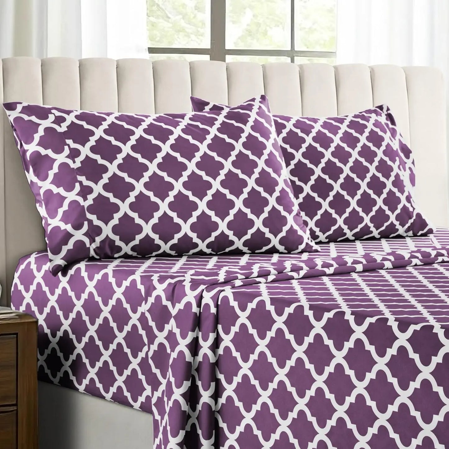 Lux Décor 4Pc Quatrefoil Sheet Set – Soft Microfiber, Wrinkle-Free, Luxurious Printed Bed Sheets