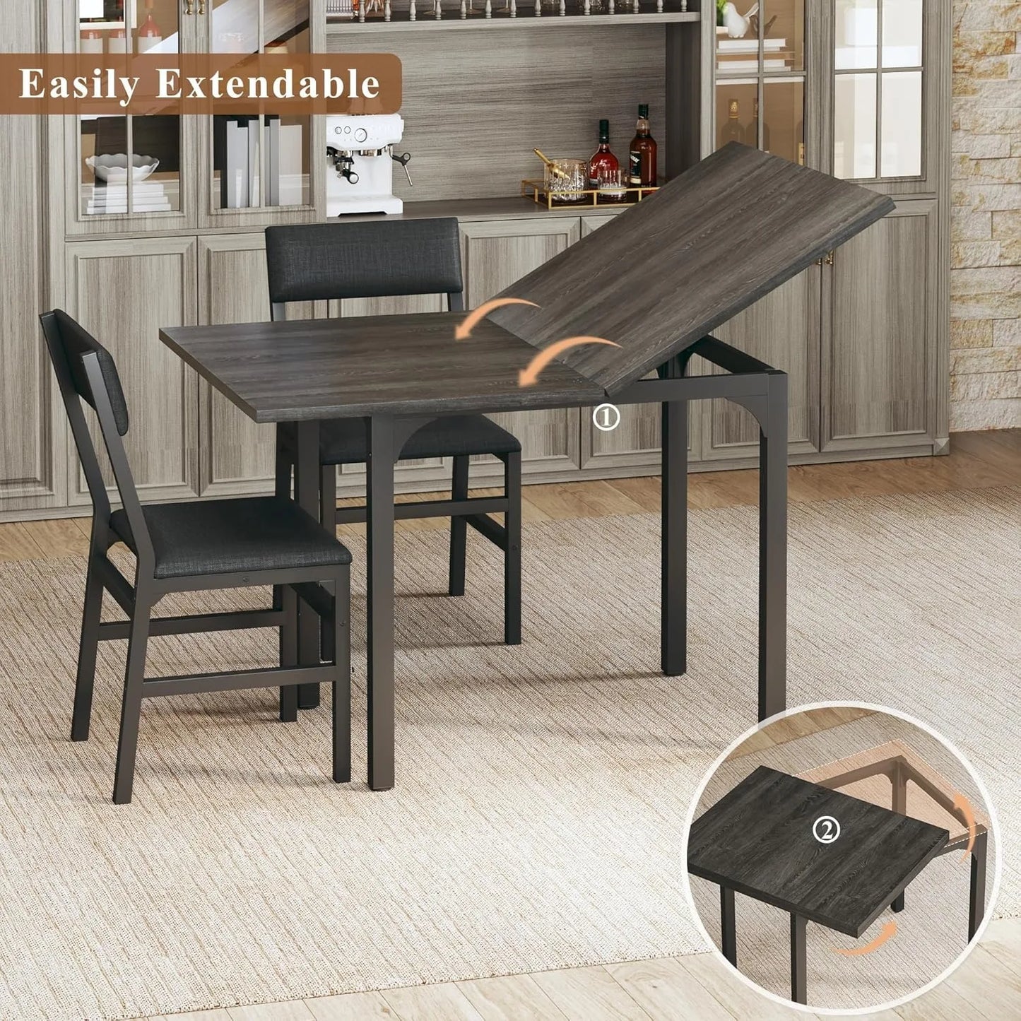 Dining Table Set for 4, Extendable Kitchen Table Cushion Chairs Set of 4, Rectangle Dining Table with Metal Frame & MDF Board