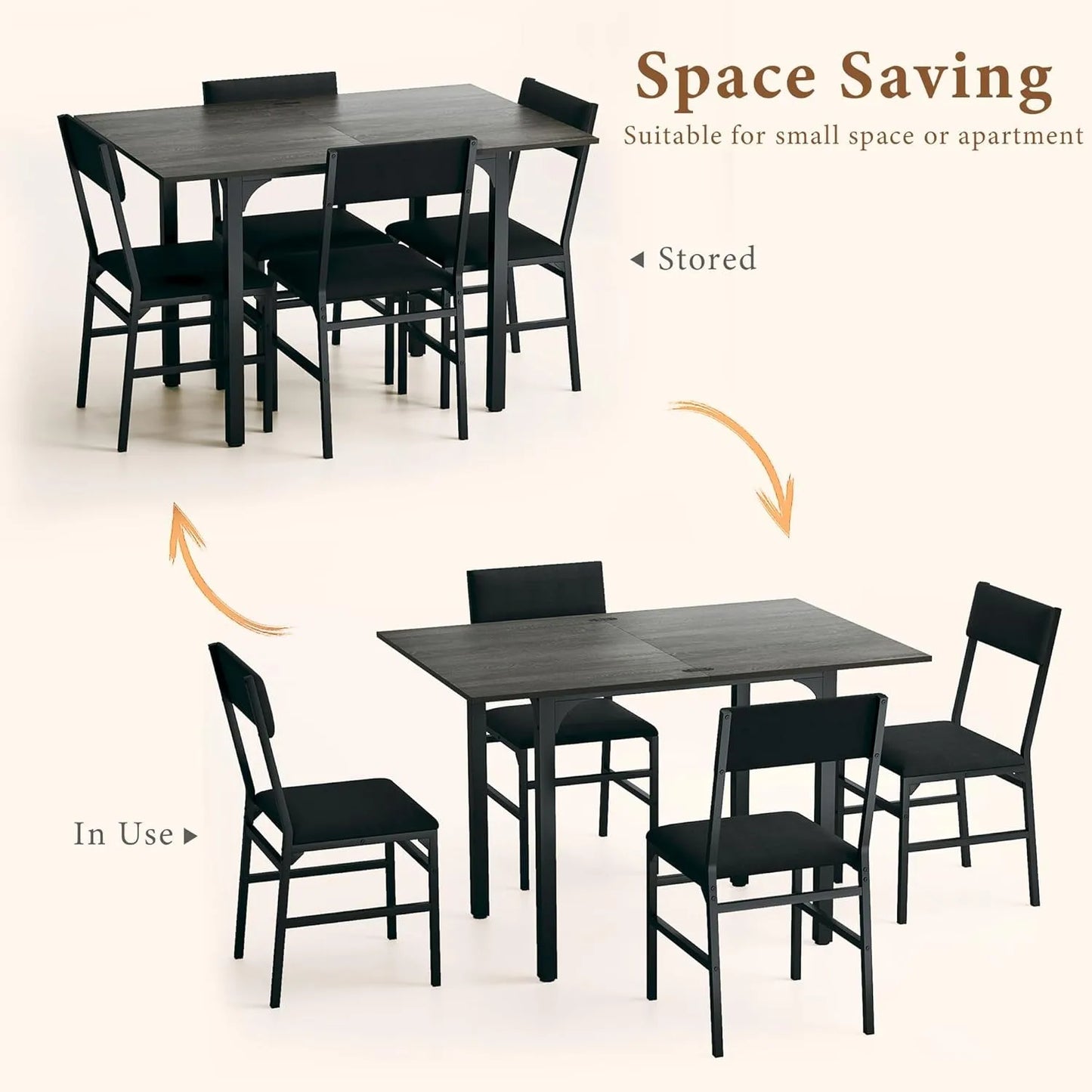 Dining Table Set for 4, Extendable Kitchen Table Cushion Chairs Set of 4, Rectangle Dining Table with Metal Frame & MDF Board