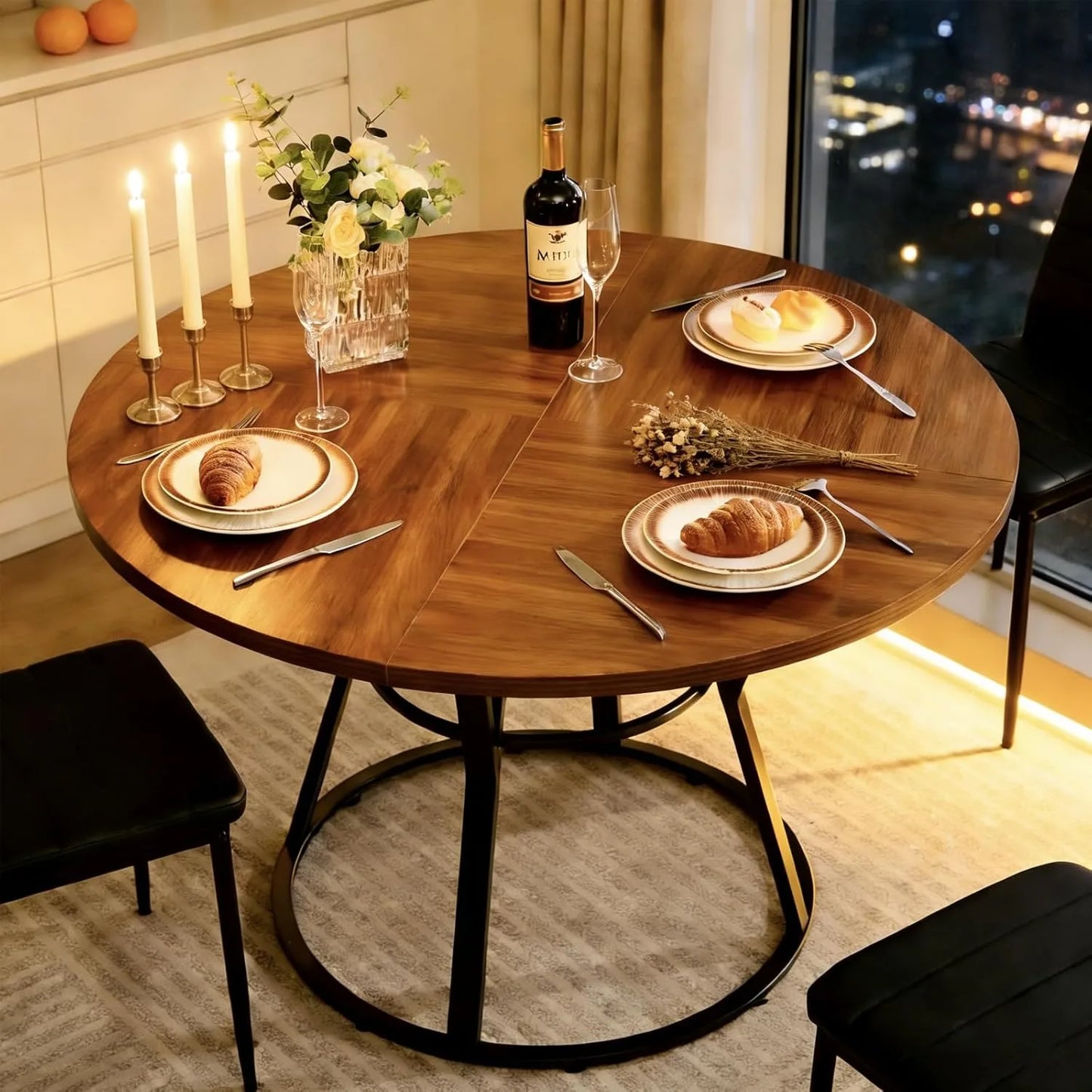 47” Round Dinner Table for 4 6, Small Circle Dining Room Table with Metal Legs, Modern Farmhouse Rustic Kitchen Table
