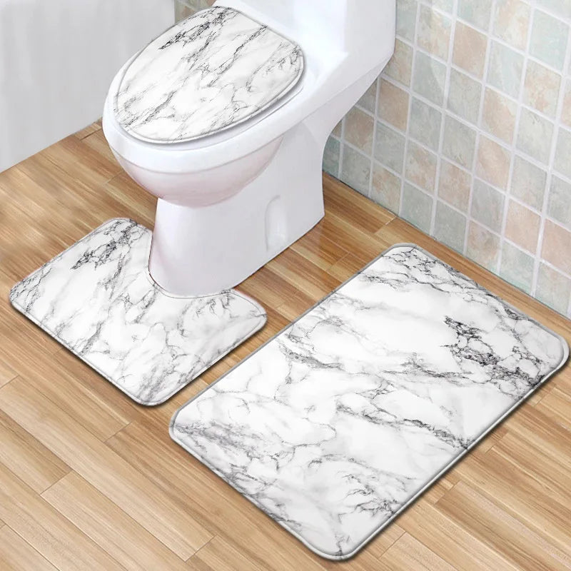 Marble Floor Mat for Bathroom Decor, Door Mat, Waterproof Carpet, Toilet Seat Cover, 3 Piece Set