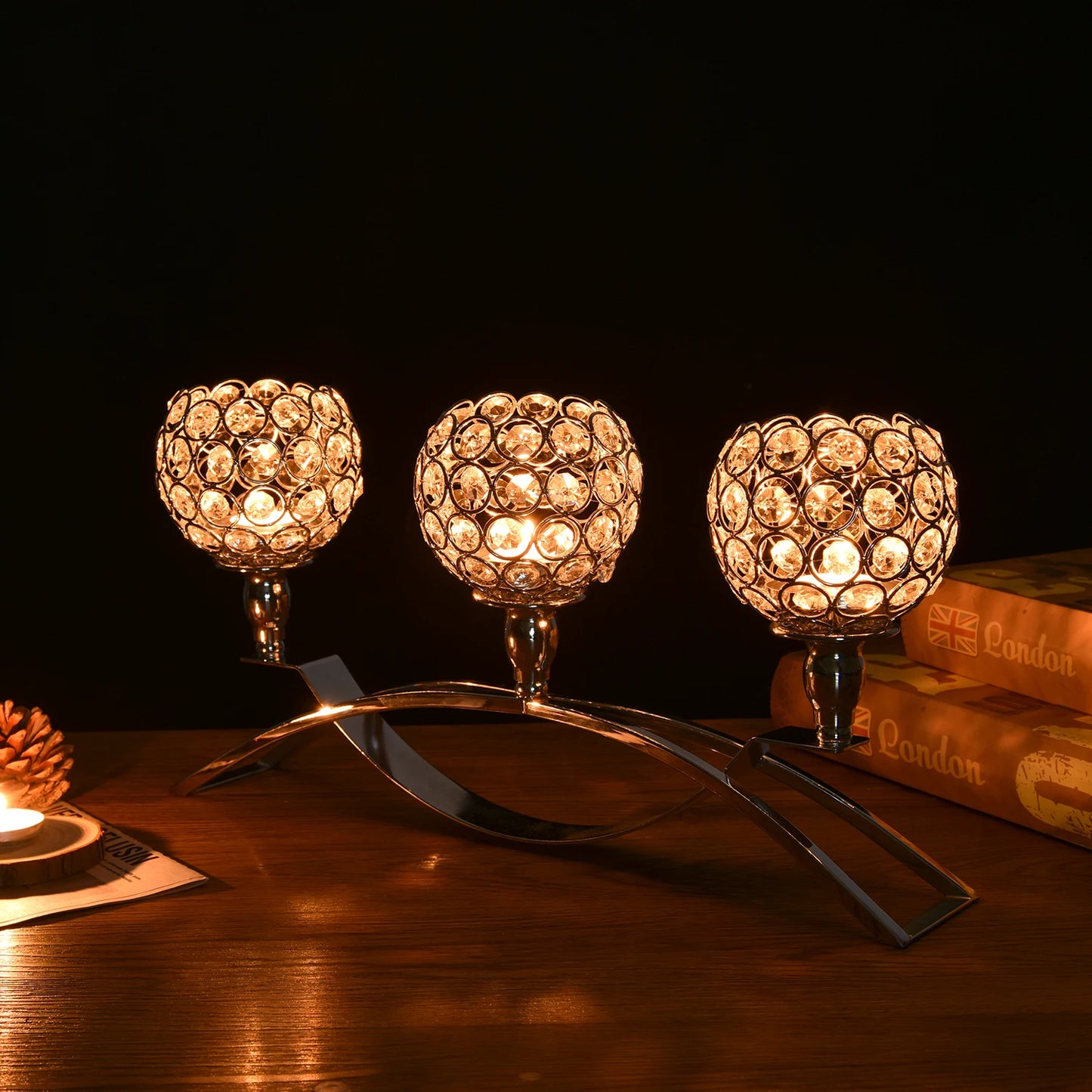 Crystal Candle Holders for Home Decoration, Table Candelabra, Centerpieces for Living Room, Wedding Party, Christmas, 3 Arms (Gold &  Silver)