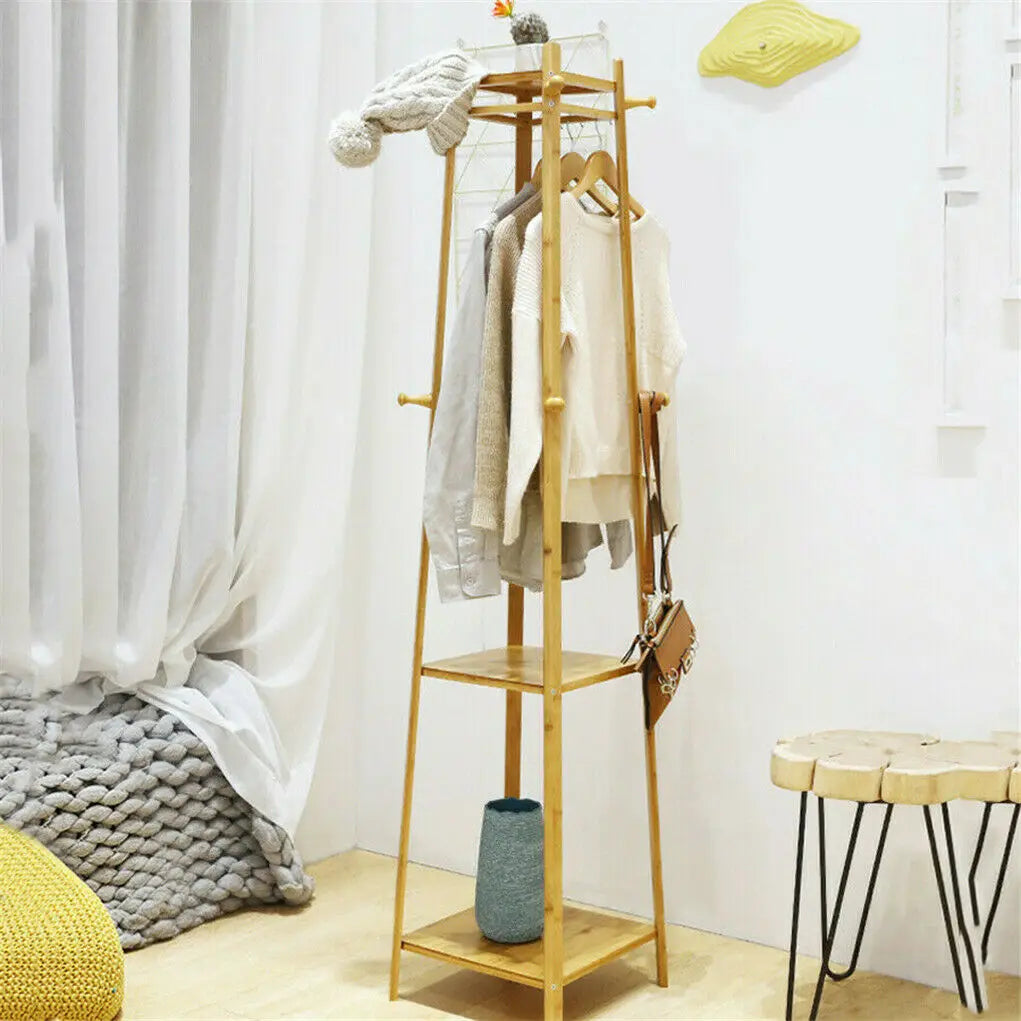 Bamboo Coat Rack Free Standing 2-Shelves Clothing Storage Garment Organizer Stand with 8 Hooks Clothes Poles 55kg Load-bearing