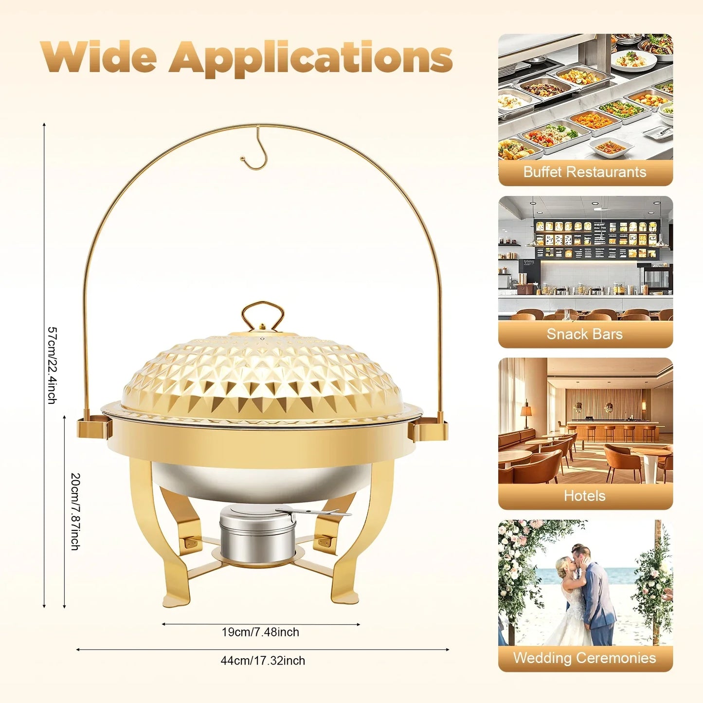 8.5Qt /8L Chafing Dishes for Buffet Stainless Steel Round Buffet Chafer, Gold Hanging Lid Dining Stove, Buffet Server