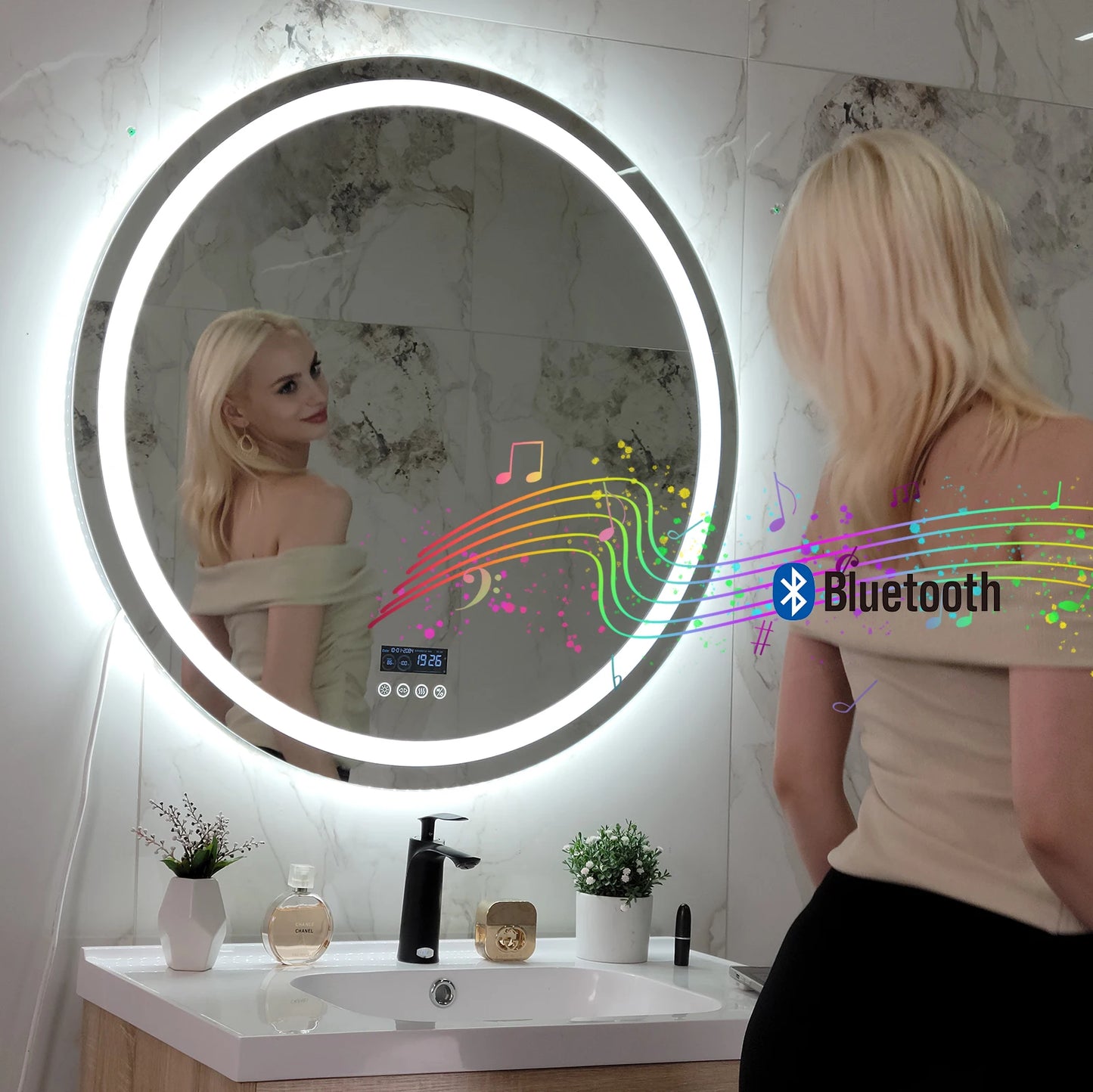 Wisfor Led Bathroom Mirror with Lights,32"x32" Wall-Mounted 3 Colors Dimmable Light Bluetooth Speaker Temperature Anti-Fog Memory