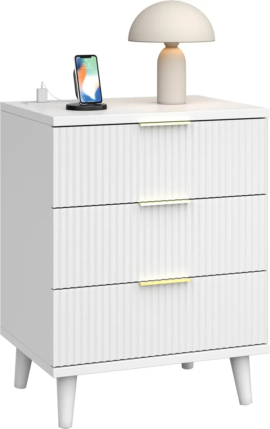 Fluted Nightstand w/ USB Charging—3 Quiet Drawers, Modern Wood Bedside Dresser, Large Storage End Table