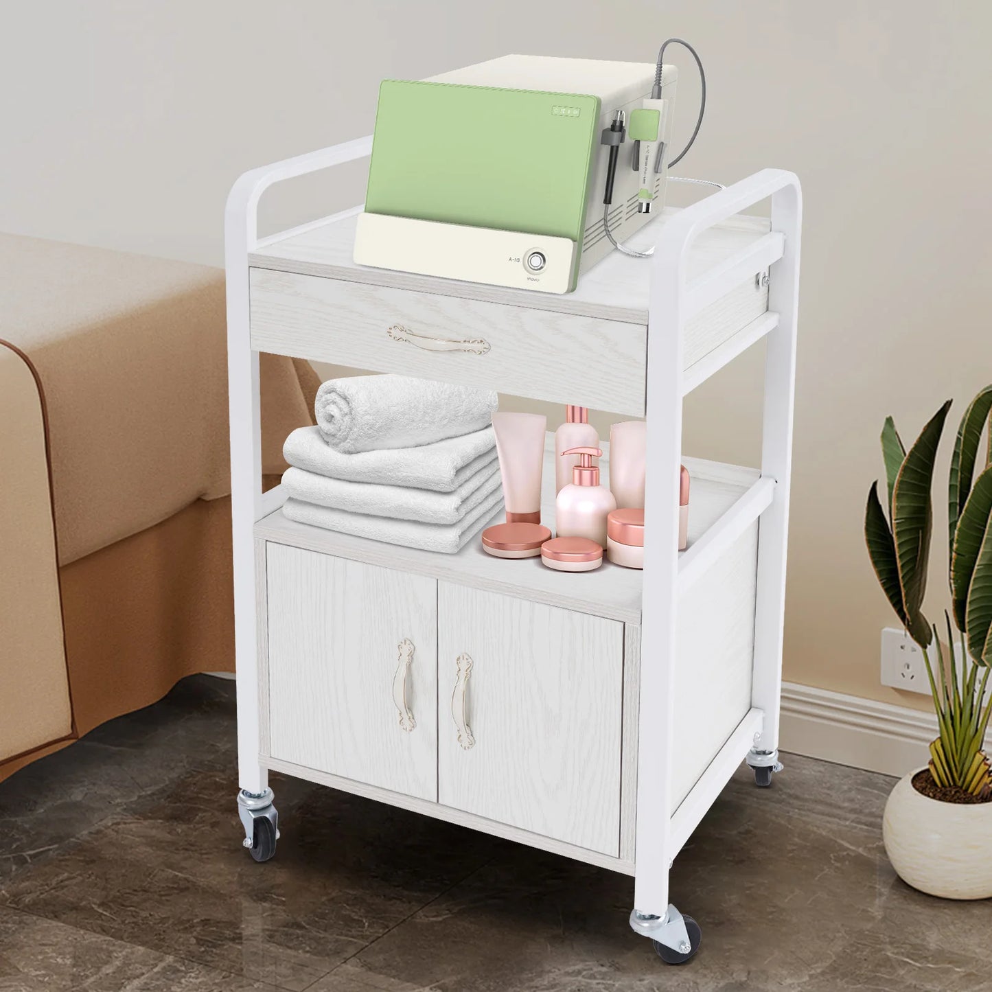 Salon High-density Wood Panels Storage Cart,White Rectangle Free Standing Movable Beauty Organizer