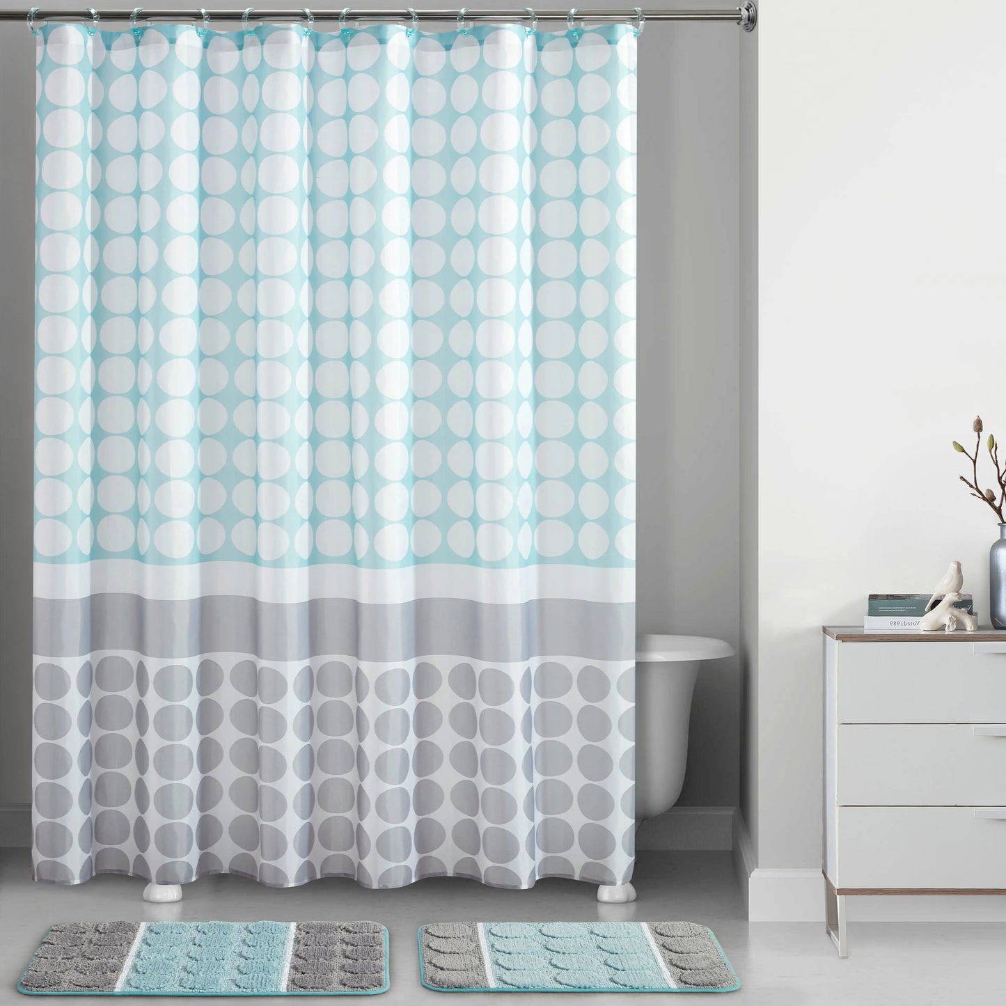15-piece blue track print shower curtain set，1 shower curtain ，2 rugs, 12 roller hooks
