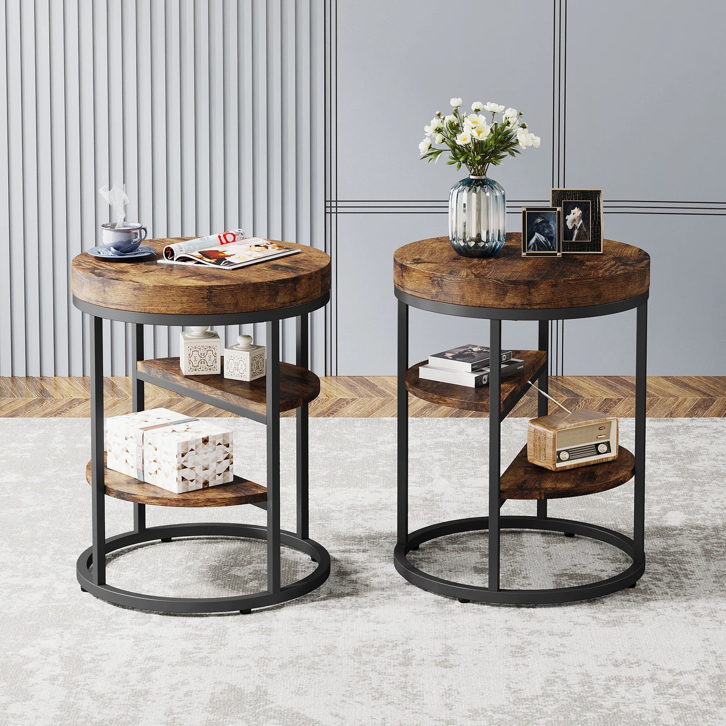 Tribesigns Round End Table, Small End Table with 3 Storage Shelves, Wood Side Table for Small Spaces, Industrial Sofa Table