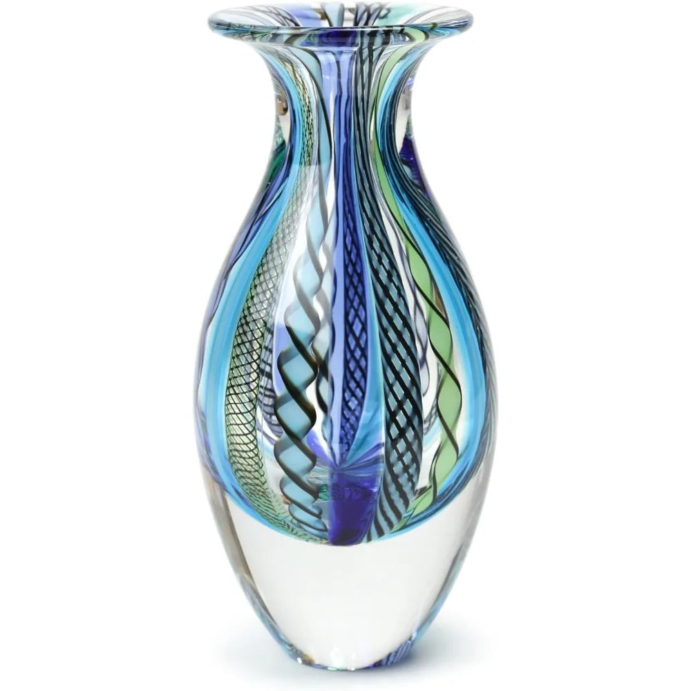 Handcrafted Murano-Inspired Bohemian Glass Vase with Blue and Green Stripes, Model No. 2