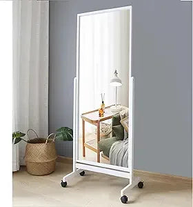 Swivel Adjustable Full Length Mirror On Wheels, Mobile Wood Frame Cheval Bedroom Free Standing Floor Mirror With Stand, Tiltable