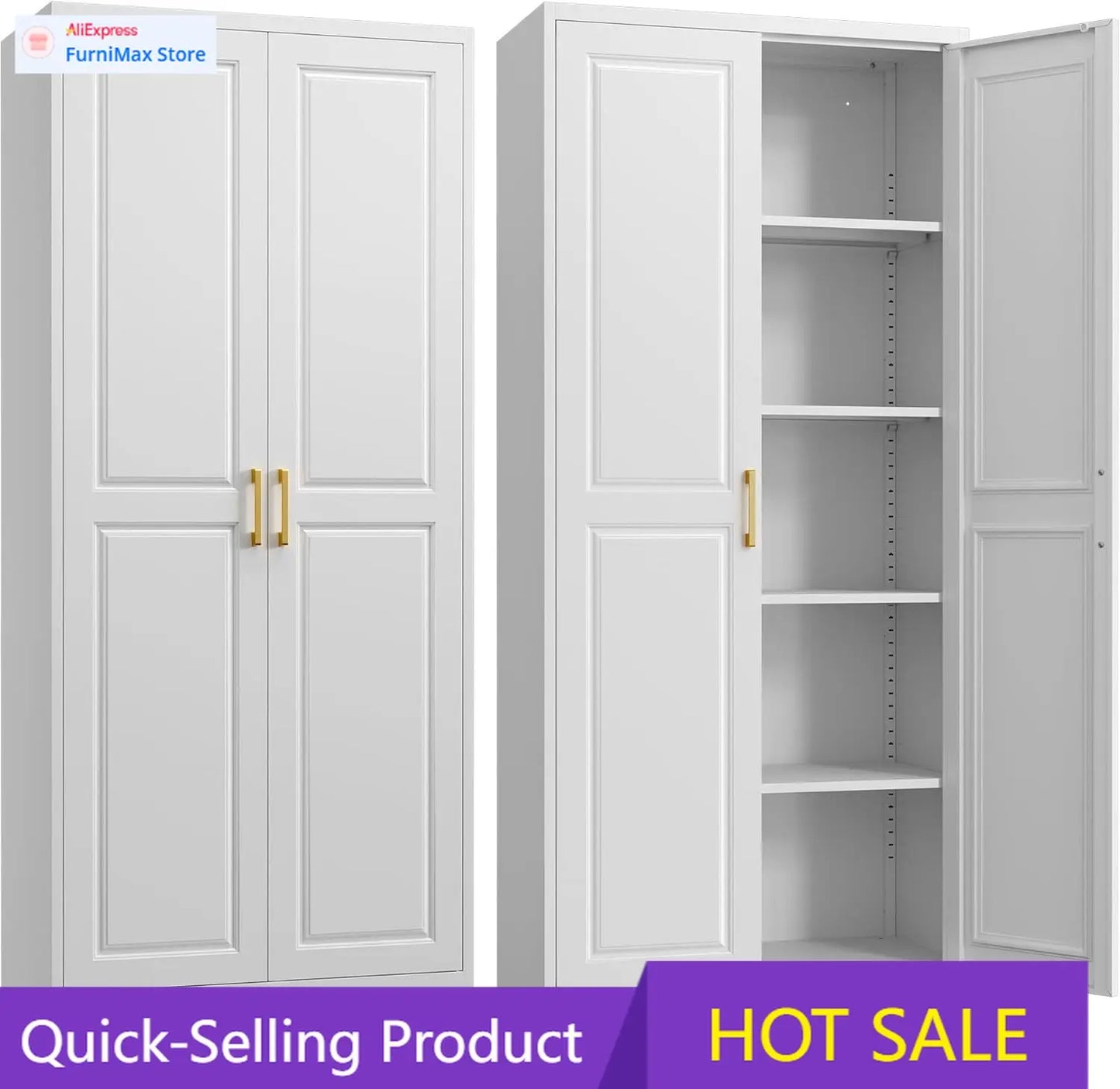 Kitchen Pantry Cabinet,71”White Metal Pantry Storage Cabinet with Doors and 4 Adjustable Shelves