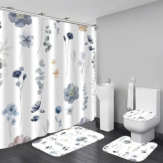 4pcs watercolor flower shower curtain set with non-slip rugs, toilet lid cover and bath mat, modern minimalist floral shower curtain