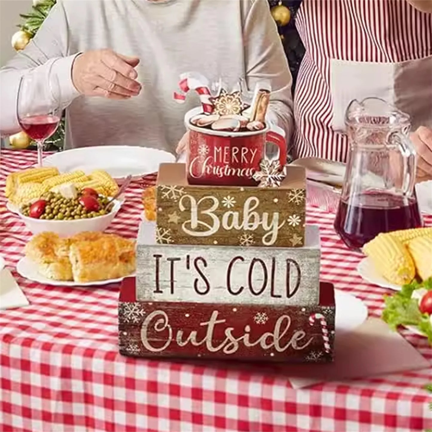 Rustic Christmas Tiered Tray Decor Set with Wooden Festive Text Blocks and Stacked Ornaments for Holiday Home Décor and Parties