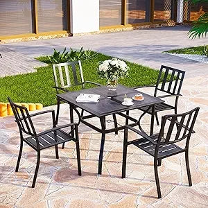 Patio Dining Set Wrought Iron Outdoor Table and Chairs Furniture Set 5 Piece, 37" Square Bistro Table with Umbrella Hole and 4 chairs