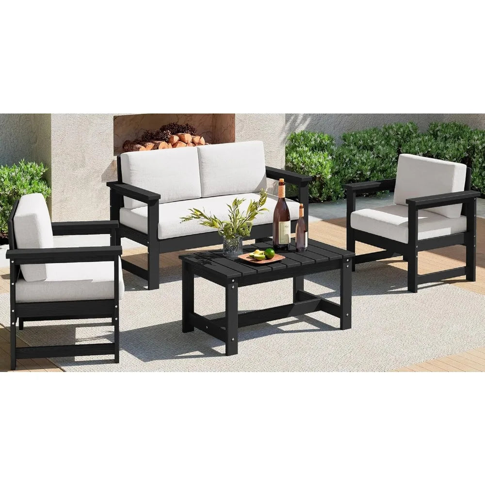 4 Pieces HDPE Outdoor Sofa Set with Cushions, All Weather Use Loveseat Furniture, Outdoor Conversation Couch Set with Coffee Table