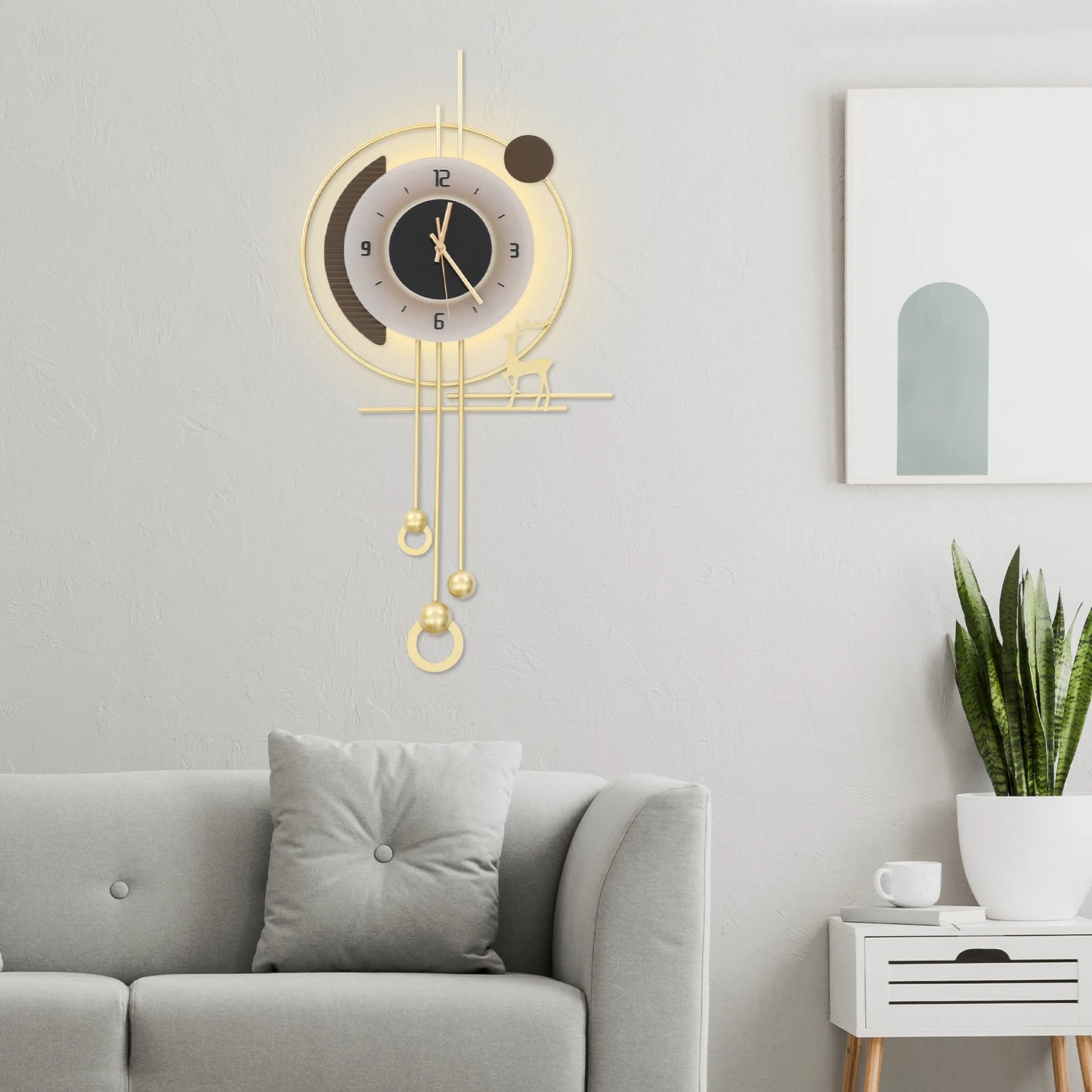 Modern Gold Iron Wall Clock,Sound-Control 39x24x80 cm LED Lighting Wall Clock Battery Powered Wall-Mounted for Home,Bedroom