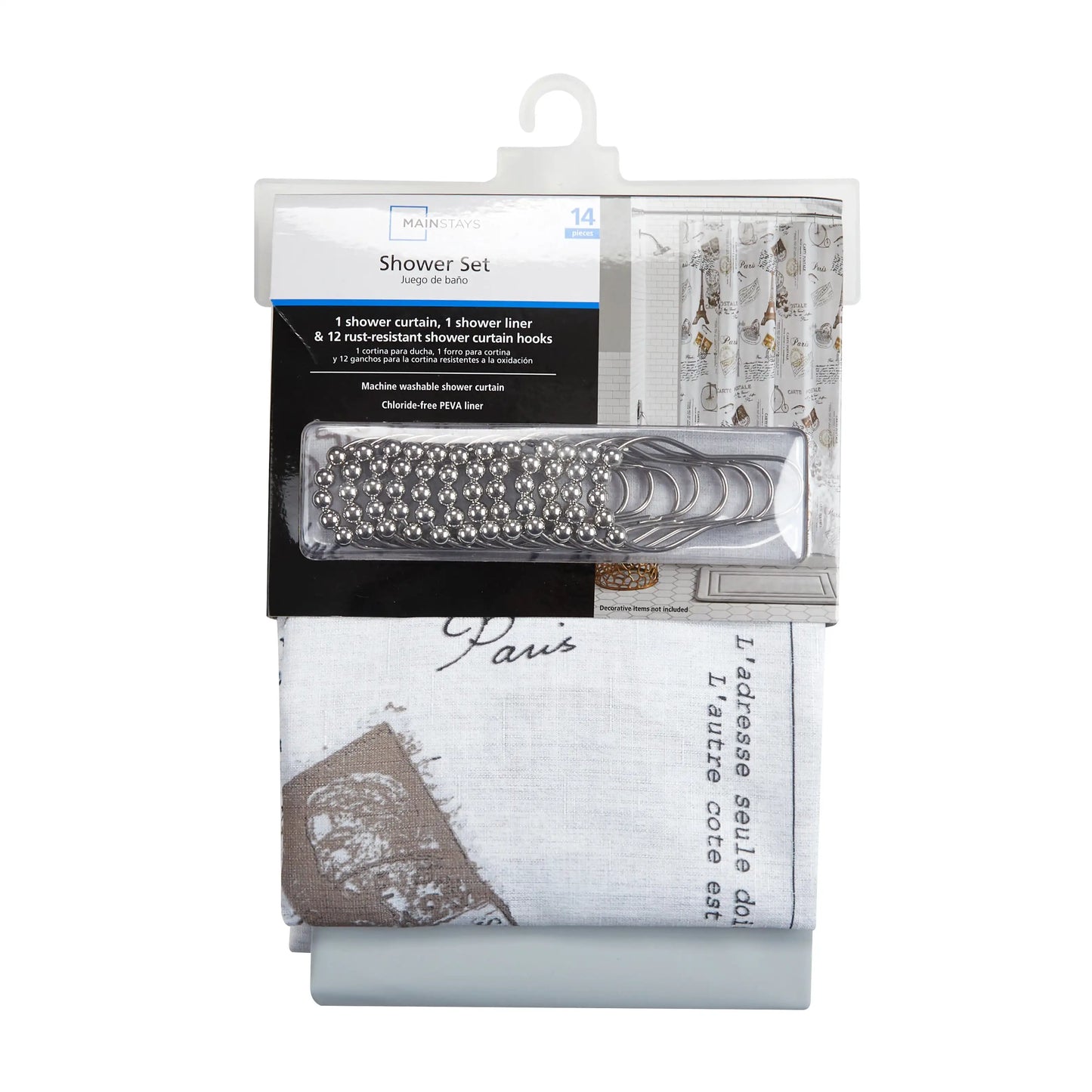 Contemporary Gray Paris Geometric Polyester Shower Curtain Set, 70 in x 72 in， shower curtain