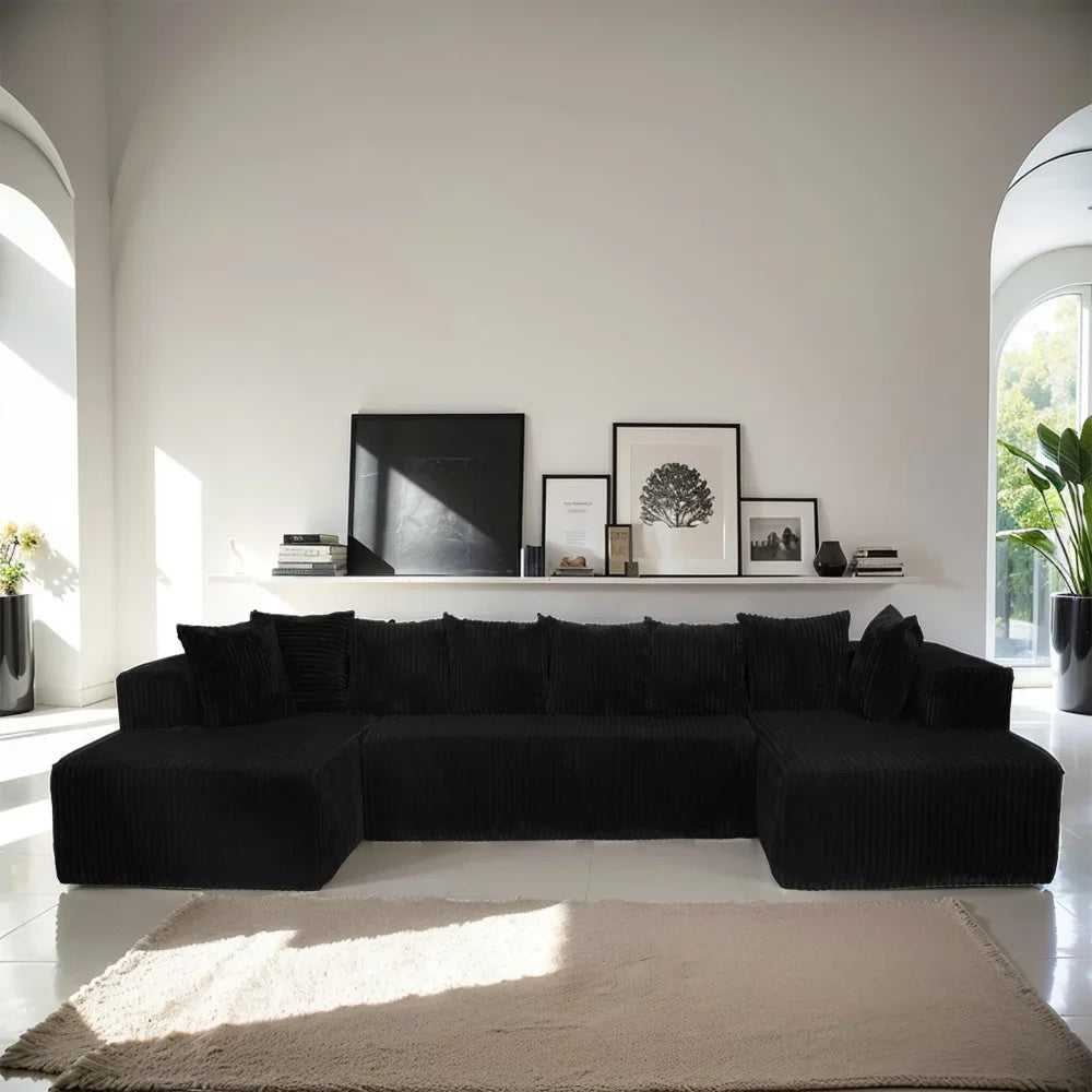 U-Shaped Sectional Sofa,130-inch 4-Seater Chaise Lounge with Striped Corduroy Fabric  Customizable Living Room or Bedroom Couch