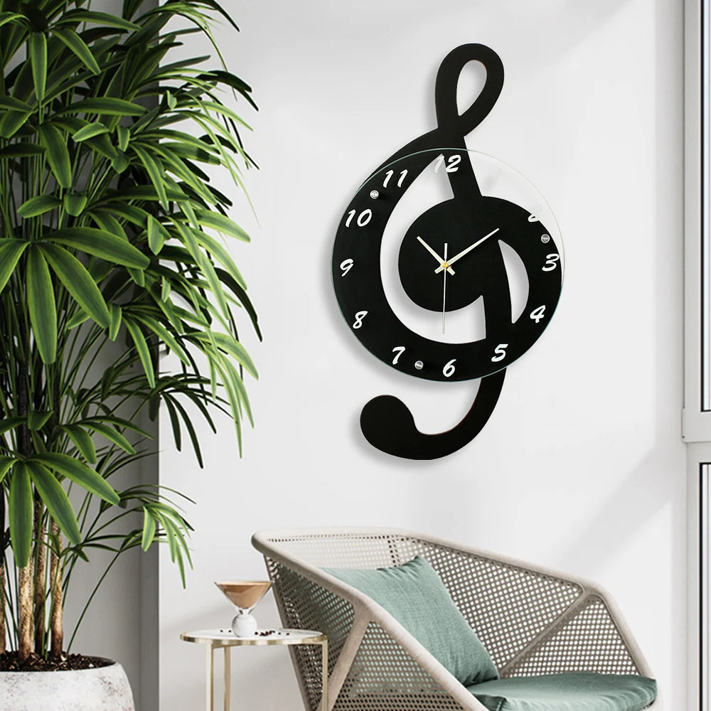 Durable Stylish Musical Note Wall Clock, Silent Non-Ticking, Battery Operated, Modern Black Decor, 9.45In Round, Quartz Movement