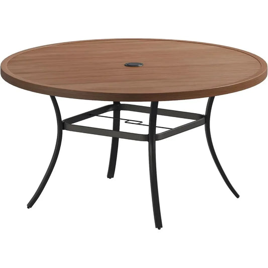 Adjustable Outdoor Patio Dining Table with Metal Slatted Top round Garden Table with Umbrella Hole for Deck Lawn Backyard (Multiple colors)