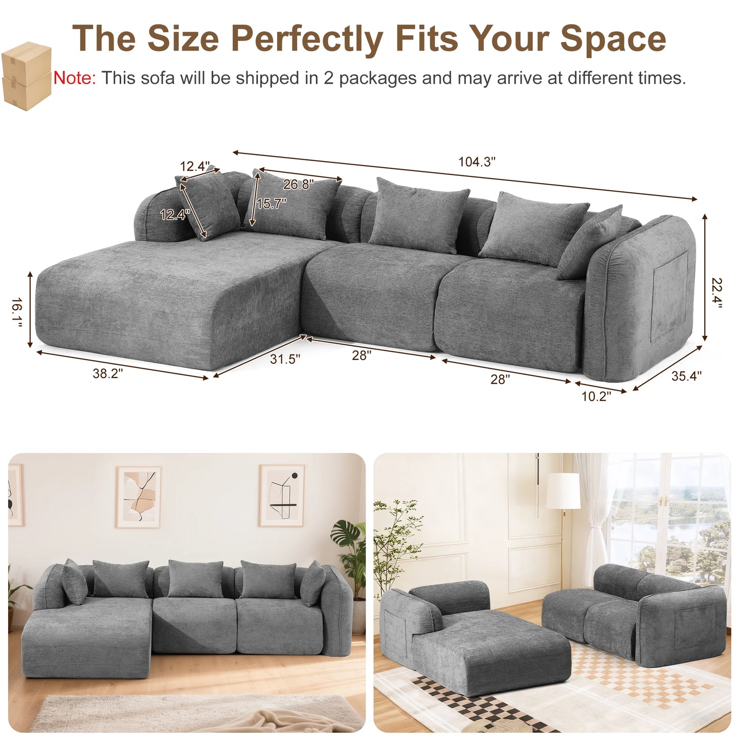 Redlife Sherpa Modular Cloud Sofa | Beige Fluffy Sherpa Deep Seat No-Assembly Sectional Couch for Small Living Room (Multiple colors)
